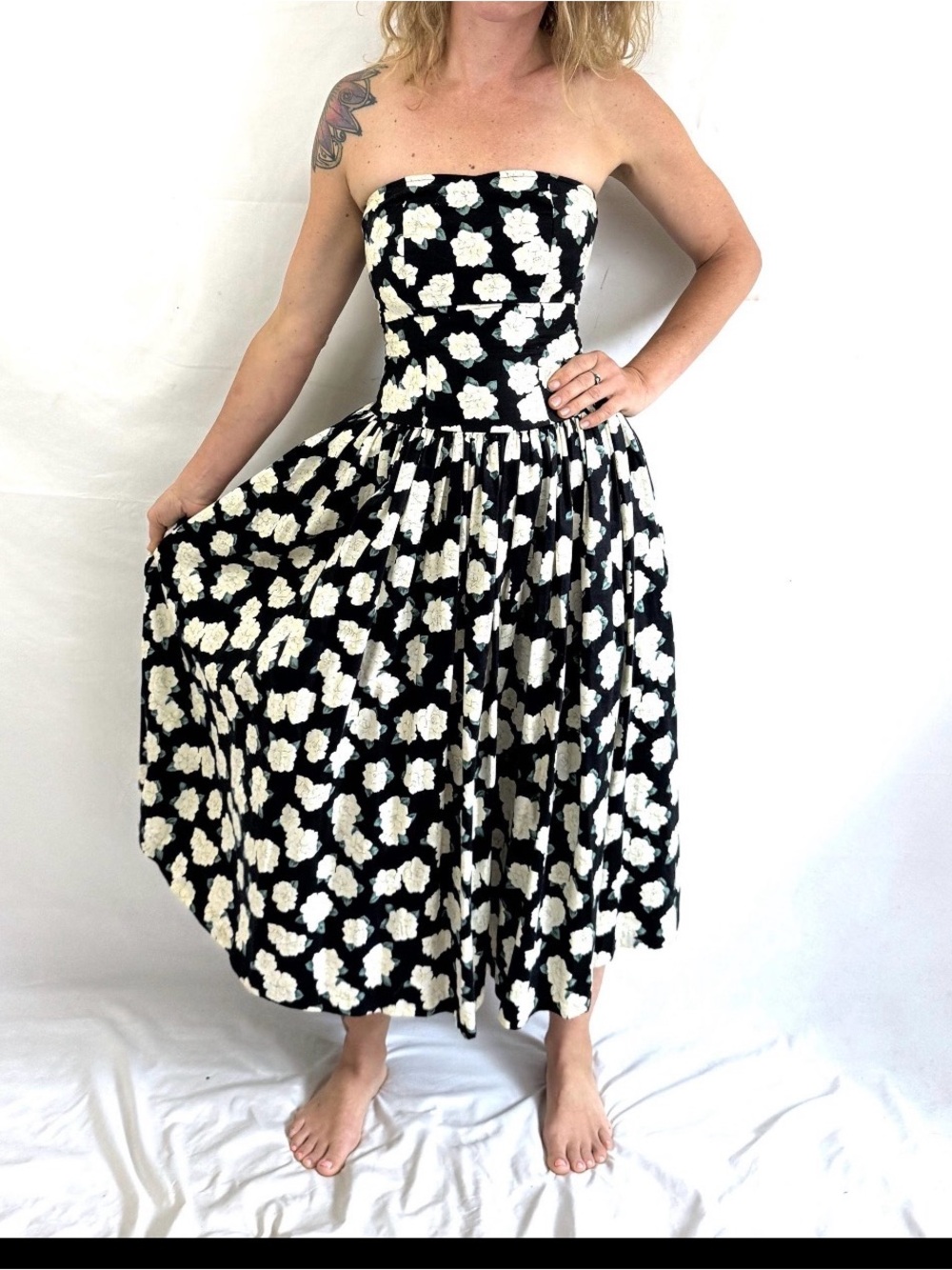 Eileen West Black Strapless Midi Dress with Cream Floral Print